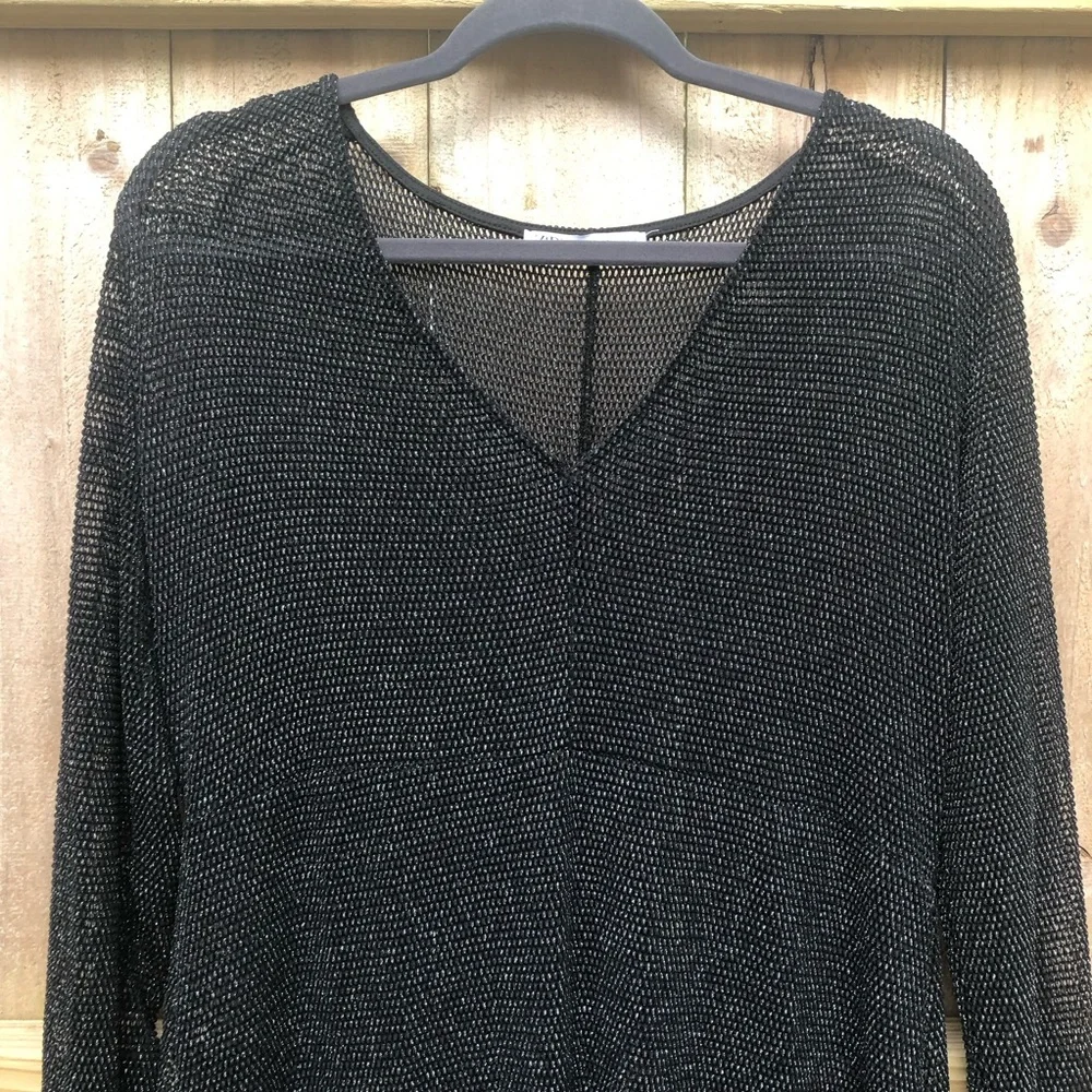 Zara Black Mesh Midi Dress Size L Long Sleeve Metallic Swim Cover V-neck Stretch - Picture 2 of 10